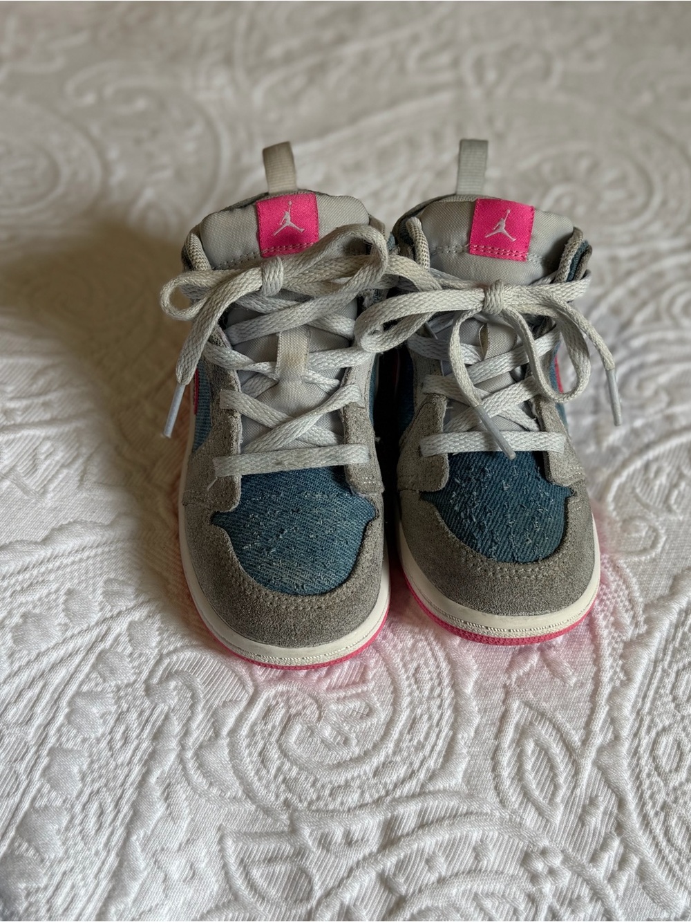 Air Jordan 1 Special Edition Toddlers Sneakers-Denim, Grey Suede, Pink Sequins
